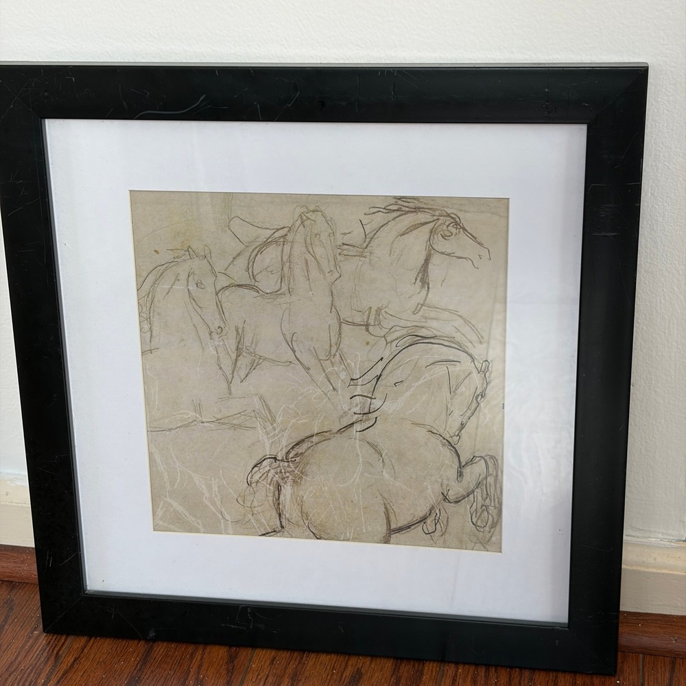 Vintage Framed Horse Sketch Galloping Equine Wall Art 15x15 Black Frame